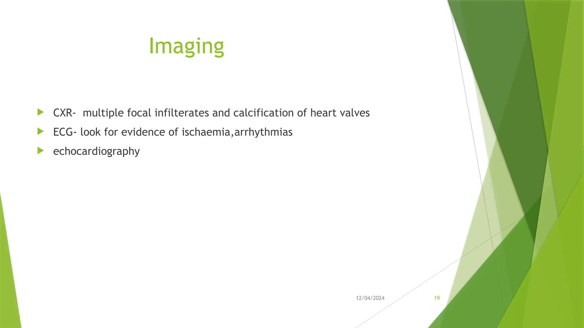 12/04/2024 19
Imaging
 CXR- multiple focal infilterates and calcification of heart valves
 ECG- look for evidence of ischaemia,arrhythmias
 echocardiography
 
