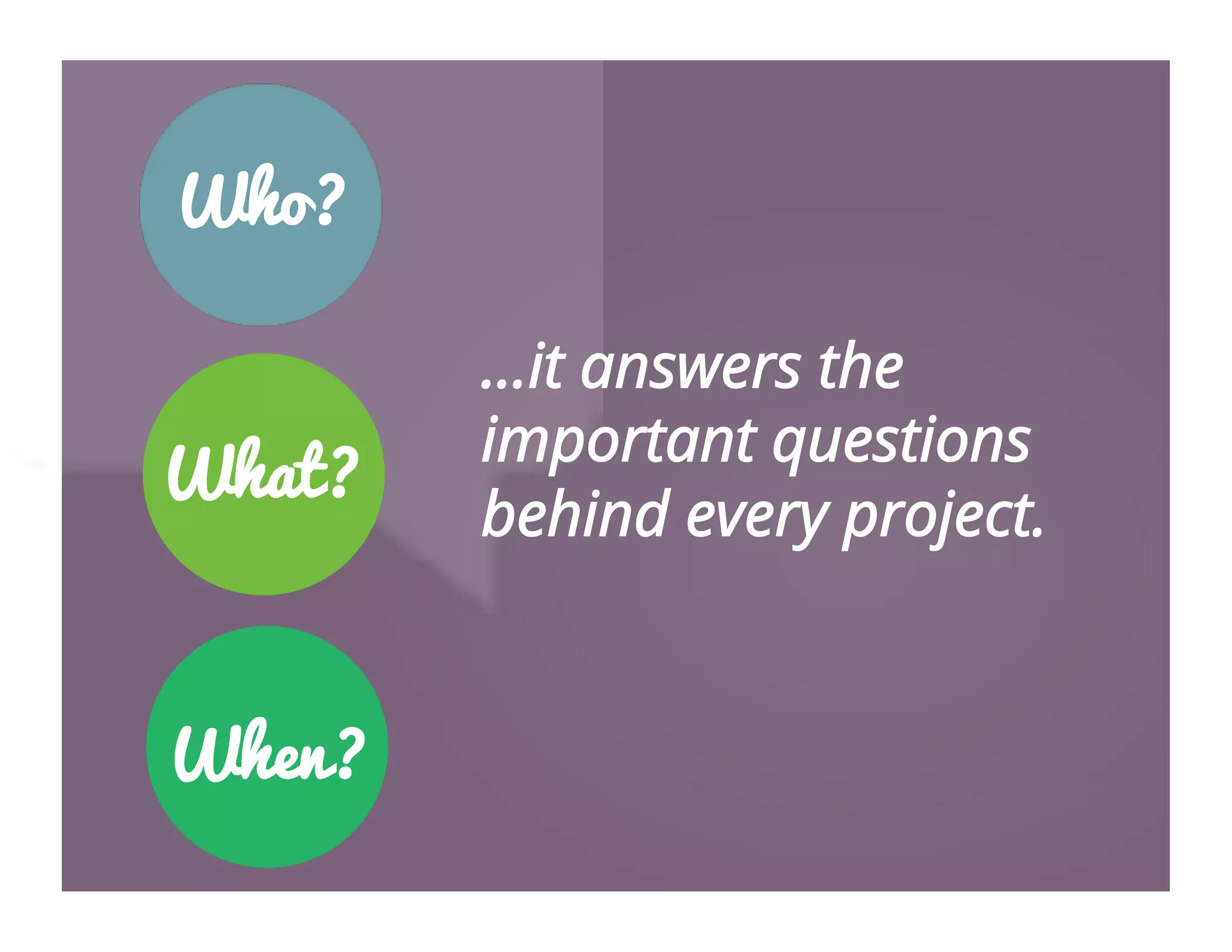 …it answers the
important questions
behind every project.
Who?
What?
When?
 