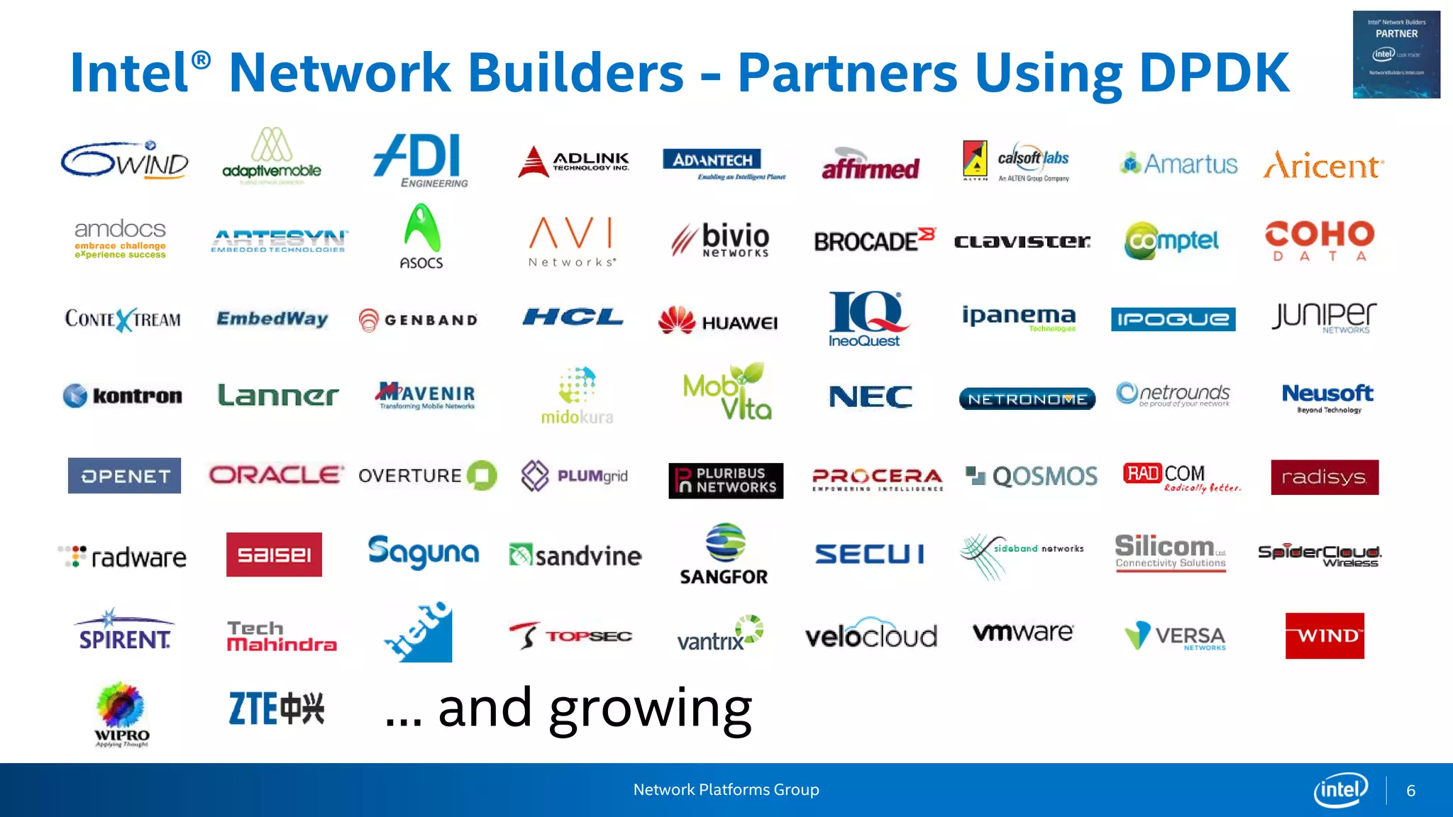 Network Platforms Group 6
Intel® Network Builders - Partners Using DPDK
… and growing
 