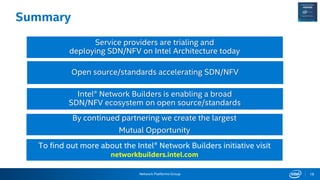 Network Platforms Group
Summary
18
Open source/standards accelerating SDN/NFV
Intel® Network Builders is enabling a broad
SDN/NFV ecosystem on open source/standards
Service providers are trialing and
deploying SDN/NFV on Intel Architecture today
By continued partnering we create the largest
Mutual Opportunity
To find out more about the Intel® Network Builders initiative visit
networkbuilders.intel.com
 