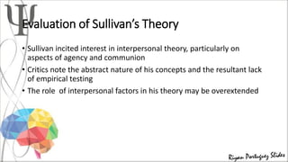 Evaluation of Sullivan’s Theory
• Sullivan incited interest in interpersonal theory, particularly on
aspects of agency and communion
• Critics note the abstract nature of his concepts and the resultant lack
of empirical testing
• The role of interpersonal factors in his theory may be overextended
 