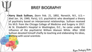 BRIEF BIOGRAPHY
• Harry Stack Sullivan, (born Feb. 21, 1892, Norwich, N.Y., U.S.—
died Jan. 14, 1949, Paris), U.S. psychiatrist who developed a theory
of psychiatry based on interpersonal relationships. Sullivan received
his M.D. from the Chicago College of Medicine and Surgery in 1917.
At St. Elizabeth’s Hospital in Washington, D.C., he came under the
influence of the psychiatrist William Alanson White. After 1930
Sullivan devoted himself chiefly to teaching and elaborating his ideas,
working with social scientists
 