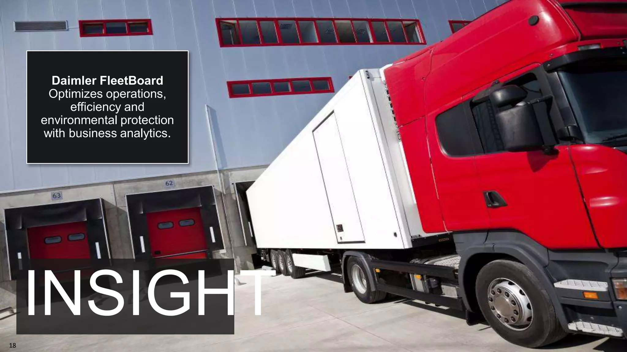 1818
Daimler FleetBoard
Optimizes operations,
efficiency and
environmental protection
with business analytics.
INSIGHT
 