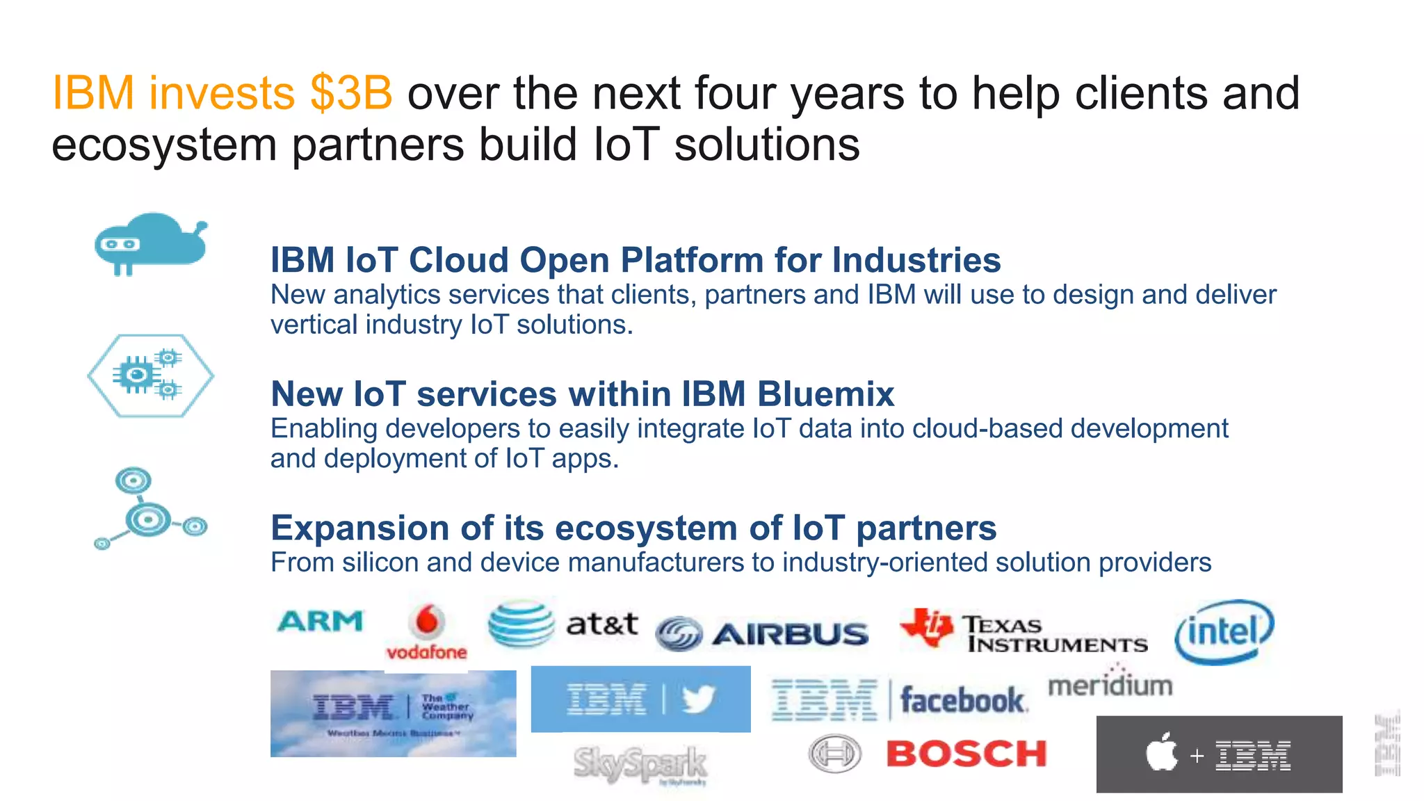 IBM IoT Cloud Open Platform for Industries
New analytics services that clients, partners and IBM will use to design and deliver
vertical industry IoT solutions.
New IoT services within IBM Bluemix
Enabling developers to easily integrate IoT data into cloud-based development
and deployment of IoT apps.
Expansion of its ecosystem of IoT partners
From silicon and device manufacturers to industry-oriented solution providers
IBM invests $3B over the next four years to help clients and
ecosystem partners build IoT solutions
 