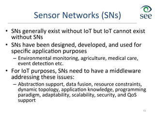Sensor	
  Networks	
  (SNs)	
  
•  SNs	
  generally	
  exist	
  without	
  IoT	
  but	
  IoT	
  cannot	
  exist	
  
without	
  SNs	
  
•  SNs	
  have	
  been	
  designed,	
  developed,	
  and	
  used	
  for	
  
speciﬁc	
  applica1on	
  purposes	
  
–  Environmental	
  monitoring,	
  agriculture,	
  medical	
  care,	
  
event	
  detec1on	
  etc.	
  
•  For	
  IoT	
  purposes,	
  SNs	
  need	
  to	
  have	
  a	
  middleware	
  
addressing	
  these	
  issues:	
  
–  Abstrac1on	
  support,	
  data	
  fusion,	
  resource	
  constraints,	
  
dynamic	
  topology,	
  applica1on	
  knowledge,	
  programming	
  
paradigm,	
  adaptability,	
  scalability,	
  security,	
  and	
  QoS	
  
support	
  
15
 