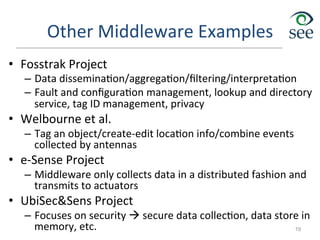 Other	
  Middleware	
  Examples	
  
•  Fosstrak	
  Project	
  
–  Data	
  dissemina1on/aggrega1on/ﬁltering/interpreta1on	
  
–  Fault	
  and	
  conﬁgura1on	
  management,	
  lookup	
  and	
  directory	
  
service,	
  tag	
  ID	
  management,	
  privacy	
  	
  
•  Welbourne	
  et	
  al.	
  
–  Tag	
  an	
  object/create-­‐edit	
  loca1on	
  info/combine	
  events	
  
collected	
  by	
  antennas	
  
•  e-­‐Sense	
  Project	
  
–  Middleware	
  only	
  collects	
  data	
  in	
  a	
  distributed	
  fashion	
  and	
  
transmits	
  to	
  actuators	
  
•  UbiSec&Sens	
  Project	
  
–  Focuses	
  on	
  security	
  à	
  secure	
  data	
  collec1on,	
  data	
  store	
  in	
  
memory,	
  etc.	
   19
 
