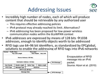 Addressing	
  Issues	
  
•  Incredibly	
  high	
  number	
  of	
  nodes,	
  each	
  of	
  which	
  will	
  produce	
  
content	
  that	
  should	
  be	
  retrievable	
  by	
  any	
  authorized	
  user	
  
–  This	
  requires	
  eﬀec1ve	
  addressing	
  policies	
  
–  IPv4	
  protocol	
  may	
  already	
  reached	
  its	
  limit.	
  Alterna1ves?	
  
–  IPv6	
  addressing	
  has	
  been	
  proposed	
  for	
  low-­‐power	
  wireless	
  
communica1on	
  nodes	
  within	
  the	
  6LoWPAN	
  context	
  
•  IPv6	
  addresses	
  are	
  expressed	
  by	
  means	
  of	
  128	
  bits	
  à1038	
  
addresses,	
  enough	
  to	
  iden1fy	
  objects	
  worth	
  to	
  be	
  addressed	
  
•  RFID	
  tags	
  use	
  64–96	
  bit	
  iden1ﬁers,	
  as	
  standardized	
  by	
  EPCglobal,	
  
solu1ons	
  to	
  enable	
  the	
  addressing	
  of	
  RFID	
  tags	
  into	
  IPv6	
  networks	
  
23
Encapsulation of RFID
message into an IPv6
packet.
Source: Atzori et al. (2010)
 