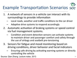 Example	
  Transporta1on	
  Scenarios	
  
1.  A	
  network	
  of	
  sensors	
  in	
  a	
  vehicle	
  can	
  interact	
  with	
  its	
  
surroundings	
  to	
  provide	
  informa1on	
  	
  
–  Local	
  roads,	
  weather	
  and	
  traﬃc	
  condi1ons	
  to	
  the	
  car	
  driver	
  
–  Adap1ve	
  drive	
  systems	
  to	
  respond	
  accordingly	
  	
  
2.  Automa1c	
  ac1va1on	
  of	
  braking	
  systems	
  or	
  speed	
  control	
  
via	
  fuel	
  management	
  systems.	
  	
  
–  Condi1on	
  and	
  event	
  detec1on	
  sensors	
  can	
  ac1vate	
  systems	
  
to	
  maintain	
  driver	
  and	
  passenger	
  comfort	
  and	
  safety	
  through	
  
the	
  use	
  of	
  airbags	
  and	
  seatbelt	
  pre-­‐tensioning	
  	
  
3.  Sensors	
  for	
  fa1gue	
  and	
  mood	
  monitoring	
  based	
  on	
  
driving	
  condi1ons,	
  driver	
  behavior	
  and	
  facial	
  indicators	
  	
  
–  Ensuring	
  safe	
  driving	
  by	
  ac1va1ng	
  warning	
  systems	
  or	
  directly	
  
controlling	
  the	
  vehicle	
  	
  
34Source: Qian Zhang. Lecture notes. 2013
 