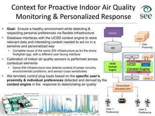 Sensors
Context for Proactive Indoor Air Quality
Monitoring & Personalized Response
• Goal: Ensure a healthy environment while detecting &
respecting personal preferences via flexible infrastructure
• Database interfaces with the UCSD context engine to store
relevant data and interesting context needed to act on in a
sensitive and personalized way
• Complete reuse of the same SW infrastructure as for the drone
firefighter app, with a different user facing interface
• Calibration of indoor air quality sensors is performed across
contextual elements
• Same SW infrastructure now detects context of power circuitry,
environmental conditions, and sensor cross sensitivities
• We remotely control plug loads based on the specific user’s
proximity & individual preferences detected and derived by the
context engine in the response to deteriorating air quality
[Rosing]
Newly added sensors: CO2 & VOCs
NO2
Sensors
DB
UCSD
Context
Engine
Personalized
Actuation Unit
User 1
Preference
User 2
Preference
Users
User
Proximity
UCSD
Context Engine
Sensors
Actuator
DB
IO libs
IO libs
Models
DB
 