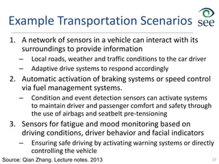 Example Transportation Scenarios
1. A network of sensors in a vehicle can interact with its
surroundings to provide information
– Local roads, weather and traffic conditions to the car driver
– Adaptive drive systems to respond accordingly
2. Automatic activation of braking systems or speed control
via fuel management systems.
– Condition and event detection sensors can activate systems
to maintain driver and passenger comfort and safety through
the use of airbags and seatbelt pre-tensioning
3. Sensors for fatigue and mood monitoring based on
driving conditions, driver behavior and facial indicators
– Ensuring safe driving by activating warning systems or directly
controlling the vehicle
37
Source: Qian Zhang. Lecture notes. 2013
 