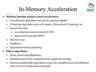 In-Memory Acceleration
44
 Machine learning memory-based accelerators:
 Classification algorithms such has K-nearest neighbor
 Clustering algorithms such as K-means, Hierarchical Clustering, etc.
 Neural networks:
 convolutional neural network (CNN)
 deep neural network (DNN)
 Decision trees
 AdaBoost
 Hyperdimensional computing
 Others algorithms:
 Query processing (databases)
 Multioperand bitwise computation (for graph processing)
 General parallelizable algorithms using only multiplications and additions,
such as several image processing apps
 