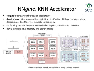 NNgine: KNN Accelerator
• NNgine: Nearest neighbor search accelerator
• Applications: pattern recognition, statistical classification, biology, computer vision,
databases, coding theory, computational geometry
• Performing the search operation inside the magnetic memory next to DRAM
• ReNN can be used as memory and search engine
47
KNN
CAM
...
...
Op1
Memory
Op1
Memory
Op1
Memory
Query Q
NNAM
Ctrl Regs
Search Key
Query Controller
DRAM
DIMM
B× TCAM Banks
Buffer
CAM
Sense
Amplifier
MLs
TCAM
Cell
TCAM
Cell
TCAM
Cell
TCAM
Cell
TCAM
Cell
TCAM
Cell
TCAM
Cell
TCAM
Cell
Row
Driver
KNN
Detector
KNN
CAM
Sense Amplifiers
1T-1MTJ Memory
Latech
Mem
Cell
Mem
Cell
Mem
Cell
Mem
Cell
Mem
Cell
Mem
Cell
Mem
Cell
Mem
Cell
Mem
Cell
Write Register
MEM Sense Amplifier
B*k Patterns
Write Register
Write Register
Write Register
Write Register
Write Register
TCAM
Cell
NNAM
KNN
CAM
KNN
CAM
NNAM
KNN
CAM
KNN
CAM
NNAM
Op1
Memory
Op1
Memory
Op1
Memory
Query 2
NNAM
Op1
Memory
Op1
Memory
Op1
Memory
Query 1
NNAM
Key Results
Main Processor
ReNN
Stage
1
Stage
2
...
...
...
... NNAM
NNAM
NNAM
Stage
L-1
Stage
L
Write Register
Write Register
NNAM
Buffer
CAM
Sense
Amplifier
MLs
TCAM
Cell
TCAM
Cell
TCAM
Cell
TCAM
Cell
TCAM
Cell
TCAM
Cell
TCAM
Cell
TCAM
Cell
Row
Driver
KNN
Detector
Sense Amplifiers
Latech
Mem
Cell
Mem
Cell
Mem
Cell
Mem
Cell
Mem
Cell
Mem
Cell
Mem
Cell
Mem
Cell
Mem
Cell
MEM Sense Amplifier
TCAM
Cell
Write Register
Write Register Write Register
Write Register
Write Register
Write Register
Write Register
Write Register
Write Register Write Register Write Register
Search Key
Search Key
*NNAM: Associative memory with capability of finding k-nearest neighbor
 