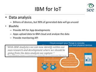 IBM for IoT
• Data analysis
– Billions of devices, but 90% of generated data will go unused
• BlueMix
– Provide API for App developments
– Apps upload data to IBM cloud and analyze the data
– Provide monitoring API
67
 