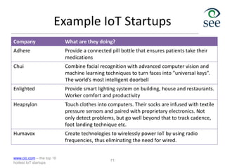 Example IoT Startups
www.cio.com – the top 10
hottest IoT startups
71
Company What are they doing?
Adhere Provide a connected pill bottle that ensures patients take their
medications
Chui Combine facial recognition with advanced computer vision and
machine learning techniques to turn faces into “universal keys”.
The world’s most intelligent doorbell
Enlighted Provide smart lighting system on building, house and restaurants.
Worker comfort and productivity
Heapsylon Touch clothes into computers. Their socks are infused with textile
pressure sensors and paired with proprietary electronics. Not
only detect problems, but go well beyond that to track cadence,
foot landing technique etc.
Humavox Create technologies to wirelessly power IoT by using radio
frequencies, thus eliminating the need for wired.
 