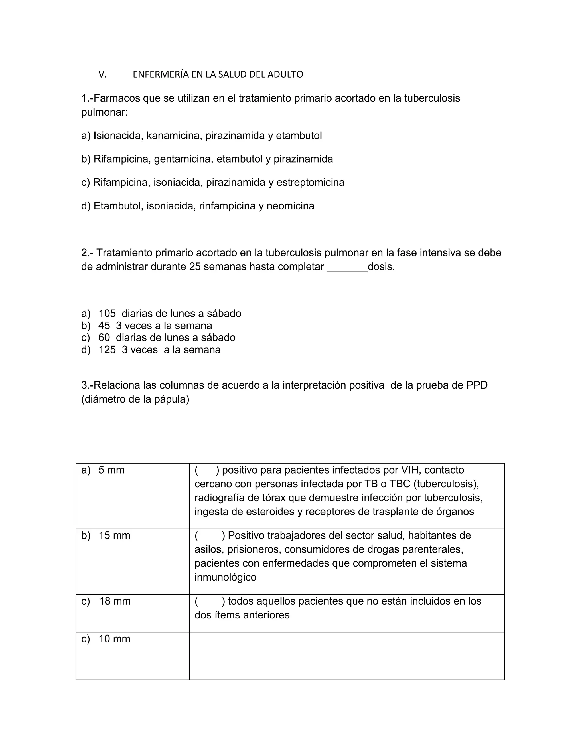 V. ENFERMERÍA EN LA SALUD DEL ADULTO 
1.-Farmacos que se utilizan en el tratamiento primario acortado en la tuberculosis pulmonar: 
a) Isionacida, kanamicina, pirazinamida y etambutol 
b) Rifampicina, gentamicina, etambutol y pirazinamida 
c) Rifampicina, isoniacida, pirazinamida y estreptomicina 
d) Etambutol, isoniacida, rinfampicina y neomicina 
2.- Tratamiento primario acortado en la tuberculosis pulmonar en la fase intensiva se debe de administrar durante 25 semanas hasta completar _______dosis. 
a) 105 diarias de lunes a sábado 
b) 45 3 veces a la semana 
c) 60 diarias de lunes a sábado 
d) 125 3 veces a la semana 
3.-Relaciona las columnas de acuerdo a la interpretación positiva de la prueba de PPD (diámetro de la pápula) 
a) 5 mm 
( ) positivo para pacientes infectados por VIH, contacto cercano con personas infectada por TB o TBC (tuberculosis), radiografía de tórax que demuestre infección por tuberculosis, ingesta de esteroides y receptores de trasplante de órganos 
b) 15 mm 
( ) Positivo trabajadores del sector salud, habitantes de asilos, prisioneros, consumidores de drogas parenterales, pacientes con enfermedades que comprometen el sistema inmunológico 
c) 18 mm 
( ) todos aquellos pacientes que no están incluidos en los dos ítems anteriores 
c) 10 mm 
 