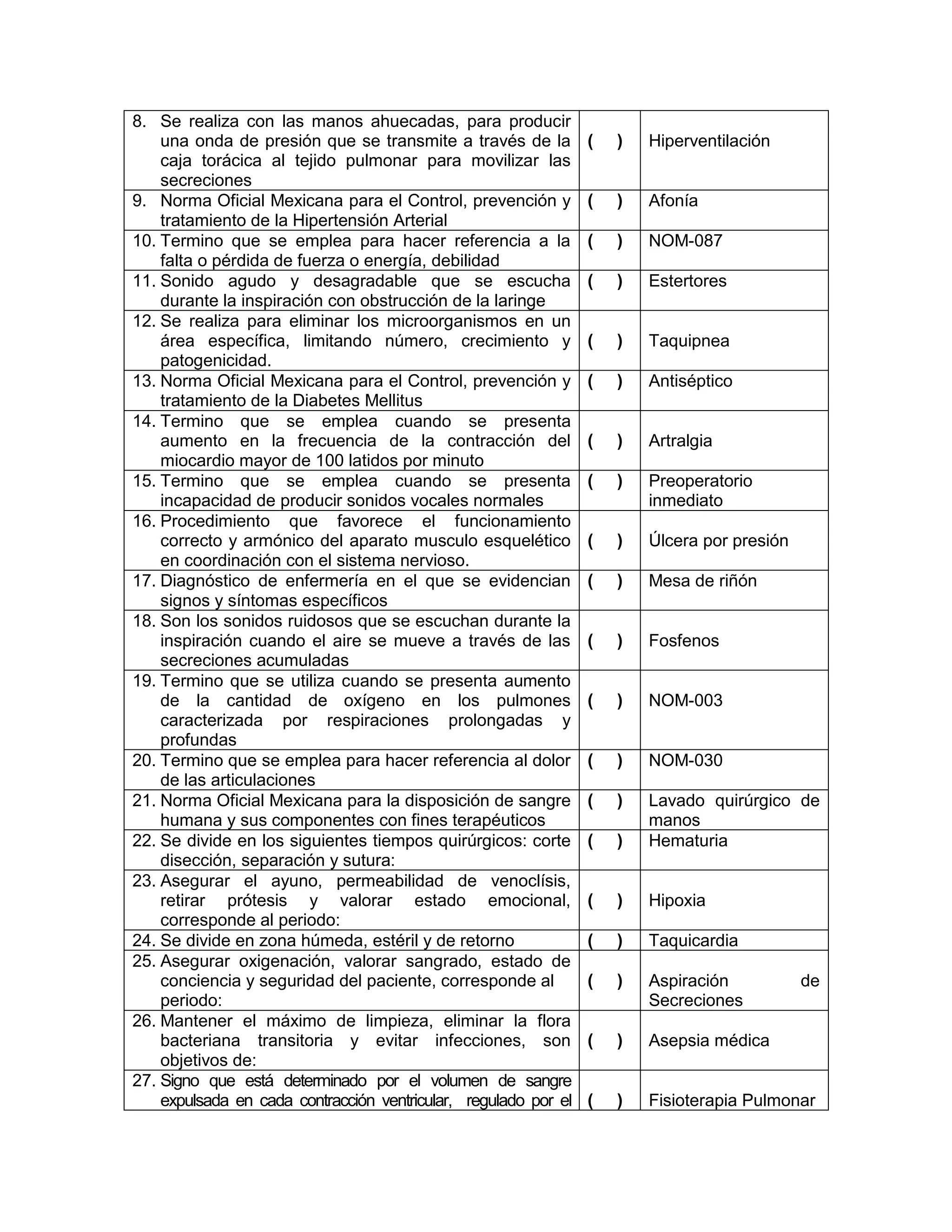 8. Se realiza con las manos ahuecadas, para producir una onda de presión que se transmite a través de la caja torácica al tejido pulmonar para movilizar las secreciones 
( ) 
Hiperventilación 
9. Norma Oficial Mexicana para el Control, prevención y tratamiento de la Hipertensión Arterial 
( ) 
Afonía 
10. Termino que se emplea para hacer referencia a la falta o pérdida de fuerza o energía, debilidad 
( ) 
NOM-087 
11. Sonido agudo y desagradable que se escucha durante la inspiración con obstrucción de la laringe 
( ) 
Estertores 
12. Se realiza para eliminar los microorganismos en un área específica, limitando número, crecimiento y patogenicidad. 
( ) 
Taquipnea 
13. Norma Oficial Mexicana para el Control, prevención y tratamiento de la Diabetes Mellitus 
( ) 
Antiséptico 
14. Termino que se emplea cuando se presenta aumento en la frecuencia de la contracción del miocardio mayor de 100 latidos por minuto 
( ) 
Artralgia 
15. Termino que se emplea cuando se presenta incapacidad de producir sonidos vocales normales 
( ) 
Preoperatorio inmediato 
16. Procedimiento que favorece el funcionamiento correcto y armónico del aparato musculo esquelético en coordinación con el sistema nervioso. 
( ) 
Úlcera por presión 
17. Diagnóstico de enfermería en el que se evidencian signos y síntomas específicos 
( ) 
Mesa de riñón 
18. Son los sonidos ruidosos que se escuchan durante la inspiración cuando el aire se mueve a través de las secreciones acumuladas 
( ) 
Fosfenos 
19. Termino que se utiliza cuando se presenta aumento de la cantidad de oxígeno en los pulmones caracterizada por respiraciones prolongadas y profundas 
( ) 
NOM-003 
20. Termino que se emplea para hacer referencia al dolor de las articulaciones 
( ) 
NOM-030 
21. Norma Oficial Mexicana para la disposición de sangre humana y sus componentes con fines terapéuticos 
( ) 
Lavado quirúrgico de manos 
22. Se divide en los siguientes tiempos quirúrgicos: corte disección, separación y sutura: 
( ) 
Hematuria 
23. Asegurar el ayuno, permeabilidad de venoclísis, retirar prótesis y valorar estado emocional, corresponde al periodo: 
( ) 
Hipoxia 
24. Se divide en zona húmeda, estéril y de retorno 
( ) 
Taquicardia 
25. Asegurar oxigenación, valorar sangrado, estado de conciencia y seguridad del paciente, corresponde al 
periodo: 
( ) 
Aspiración de Secreciones 
26. Mantener el máximo de limpieza, eliminar la flora bacteriana transitoria y evitar infecciones, son objetivos de: 
( ) 
Asepsia médica 
27. Signo que está determinado por el volumen de sangre expulsada en cada contracción ventricular, regulado por el 
( ) 
Fisioterapia Pulmonar  