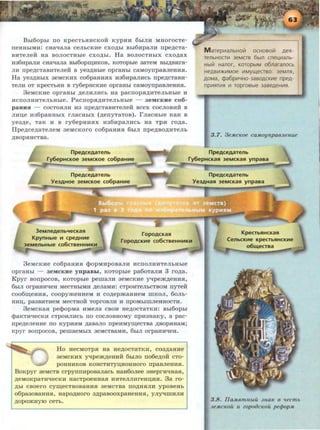 Bbi6opbi no KpecTbHHCKo:H: Kyp:a:a 6biJIH MHOrocTe-
rreHHhlMH: CHa"tlaJia CeJibCKHe CXO)I;bl Bbi6HpaJIH rrpe)I;CTa-
BHTeJieH Ha BOJIOCTHbie CXO)I;bl. Ha BOJIOCTHbiX CXO)I;aX
H36HpaJIH CH3"tlaJia Bbi60piiJ;HKOB, KOTOpble 3aTeM Bbl)I;BHra-
JIH rrpe.n;cTaBHTeneM: a ye3)I;Hbie opraHbi caMoyrrpaaneHHSI.
Ha ye3.n;HbiX 3eMCK:ax co6paH:aHx R36:apan:acb npe.n;cTaa:a-
Ten:a OT KpeCTbHH B ry6epHCKHe opraHbi CaMOynpaaneHHH.
3eMCKHe opraHbl .n;eJIHJIHCb Ha pacnopH)I;HTeJibHbie H
:acrroJIHHTeJibHble. PacrropH.n;nTeJibHbie - 3eMCKHe co6-
paHHH - COCTOHJIH H3 npe)I;CTaBHTeJieH BCex COCJIOBHH B
JIHD;e H36paHHbiX I'JiaCHbiX (.n;erryTaTOB). rnaCHble KaK B
ye3.n;e, TaK H B ry6epHHHX H36Hp3JIHCb Ha TpH ro.n;a.
IIpe.n;ce.n;aTeneM 3eMCKoro co6paHHH 6biJI npe.n;ao.n;:aTeJib
)I;BOpHHCTBa.
npeACeAaTenb
fy6epHCKOe 3eMCKOe co6paHiile
npeACeAaTenb
Ye3AHOe 3eMcKoe co6paHHe
3eMneAenb<tecKaSI
KpynHbte 111 cpeAHHe
3eMenbHbte co6crseHHIIIKiil
3eMCKHe C06paHHH <}>opMHpOBaJIH HCnOJIHHTeJibHbie
opraHbi - 3eMCKHe ynpaaLI, KOTOpble pa6oTan:u: 3 ro.n;a.
Kpyr aonpocoa, KOTOpbie peman:a 3eMCK:ae yqpem.n;eHRSI,
6biJI OrpaHH"tleH MeCTHbiMH .n;eJiaMH: CTpOHTeJibCTBOM nyTeH
coo6IIJ;eHHH, coopy.>KeH:aeM :a co.n;ep.>KaH:aeM mKOJI, 6onb-
HHD;, pa3BHTHeM MeCTHOH TOprOBJIH H npOMbiiiiJieHHOCTH.
3eMCK3H pe<}>OpMa HMeJia CBOH He)I;OCT3TKH: Bbi60pbi
<}>aKTH"tleCKH CTpOHJlliCb no COCJIOBHOMY npH3HaKy, a pac-
npe.n;eJieHHe no KypHHM .n;aaano npe:aMyrn;ecTBa .n;aopHHaM;
Kpyr aonpocoa, pemaeMbiX 3eMCTBaMH, 6biJI orpaHH"tleH.
Ho HecMOTPH Ha He.n;ocTaTKH, co3.n;aH:ae
3eMCKHX yqpe.>K)I;eHHH 6biJIO no6e.n;OH CTO-
pOHBHKOB KOHCTHTYIJ;HOHHOI'O lipaBJieHHH.
BoKpyr 3eMCTB crpynn:apoaanacb HaH6onee ::meprH"tiHaH,
.n;eMOKpaTH"tleCKH H3CTpOeHH3SI HHTeJIJIHI'eHD;HH. 3a I'O-
)I;bl CBOei'O cyrn;eCTBOB3HHH 3eMCTBa ITO)I;HHJIH ypOBeHb
o6pa30B3HHH, H3pO)I;HOI'O 3l1;paBOOXpaHeHHH, ynyqmHJIH
.n;opo.>KHYJO ceTb.
~aTep~anbHO~ OCHOBO~ AeH-
TenbHOCT~ JeMCTB 6bln cneu~anb­
Hbllil Hanor. KOTOpbiM o6naranocb
HeAB~>K~ MOe ~Myll.(eCTBO: 3eMnH,
AOMa, Q:>a6pW-iH0-3aBOACK~e npeA-
np~HT~H ~ roprosble 3aBeAeH~H.
3.7_ 3eMcKoe ca.MoynpaeJLeH.ue
npeACeAaTenb
fy6epHCKaSI 3eMcKaSI ynpasa
3 .8 . IIaM.RmH.bLU .JitaK 6 'Lecmb
3eMCKOU U ZOpOOCKOU pe{jJopM
 
