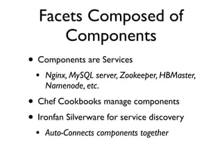 Facets Composed of
     Components
• Components are Services
  • Nginx, MySQL server, Zookeeper, HBMaster,
    Namenode, etc.
• Chef Cookbooks manage components
• Ironfan Silverware for service discovery
  • Auto-Connects components together
 