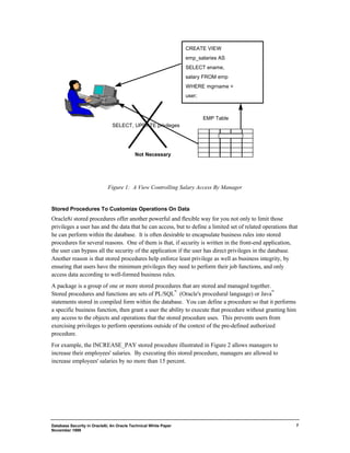 Database Security in Oracle8i, An Oracle Technical White Paper 
November 1999 
7 
CREATE VIEW 
emp_salaries AS 
SELECT ename, 
salary FROM emp 
WHERE mgrname = 
user; 
SELECT, UPDATE privileges 
EMP Table 
Not Necessary 
Figure 1: A View Controlling Salary Access By Manager 
Stored Procedures To Customize Operations On Data 
Oracle8i stored procedures offer another powerful and flexible way for you not only to limit those 
privileges a user has and the data that he can access, but to define a limited set of related operations that 
he can perform within the database. It is often desirable to encapsulate business rules into stored 
procedures for several reasons. One of them is that, if security is written in the front-end application, 
the user can bypass all the security of the application if the user has direct privileges in the database. 
Another reason is that stored procedures help enforce least privilege as well as business integrity, by 
ensuring that users have the minimum privileges they need to perform their job functions, and only 
access data according to well-formed business rules. 
A package is a group of one or more stored procedures that are stored and managed together. 
Stored procedures and functions are sets of PL/SQL™ (Oracle's procedural language) or Java™ 
statements stored in compiled form within the database. You can define a procedure so that it performs 
a specific business function, then grant a user the ability to execute that procedure without granting him 
any access to the objects and operations that the stored procedure uses. This prevents users from 
exercising privileges to perform operations outside of the context of the pre-defined authorized 
procedure. 
For example, the INCREASE_PAY stored procedure illustrated in Figure 2 allows managers to 
increase their employees' salaries. By executing this stored procedure, managers are allowed to 
increase employees' salaries by no more than 15 percent. 
 