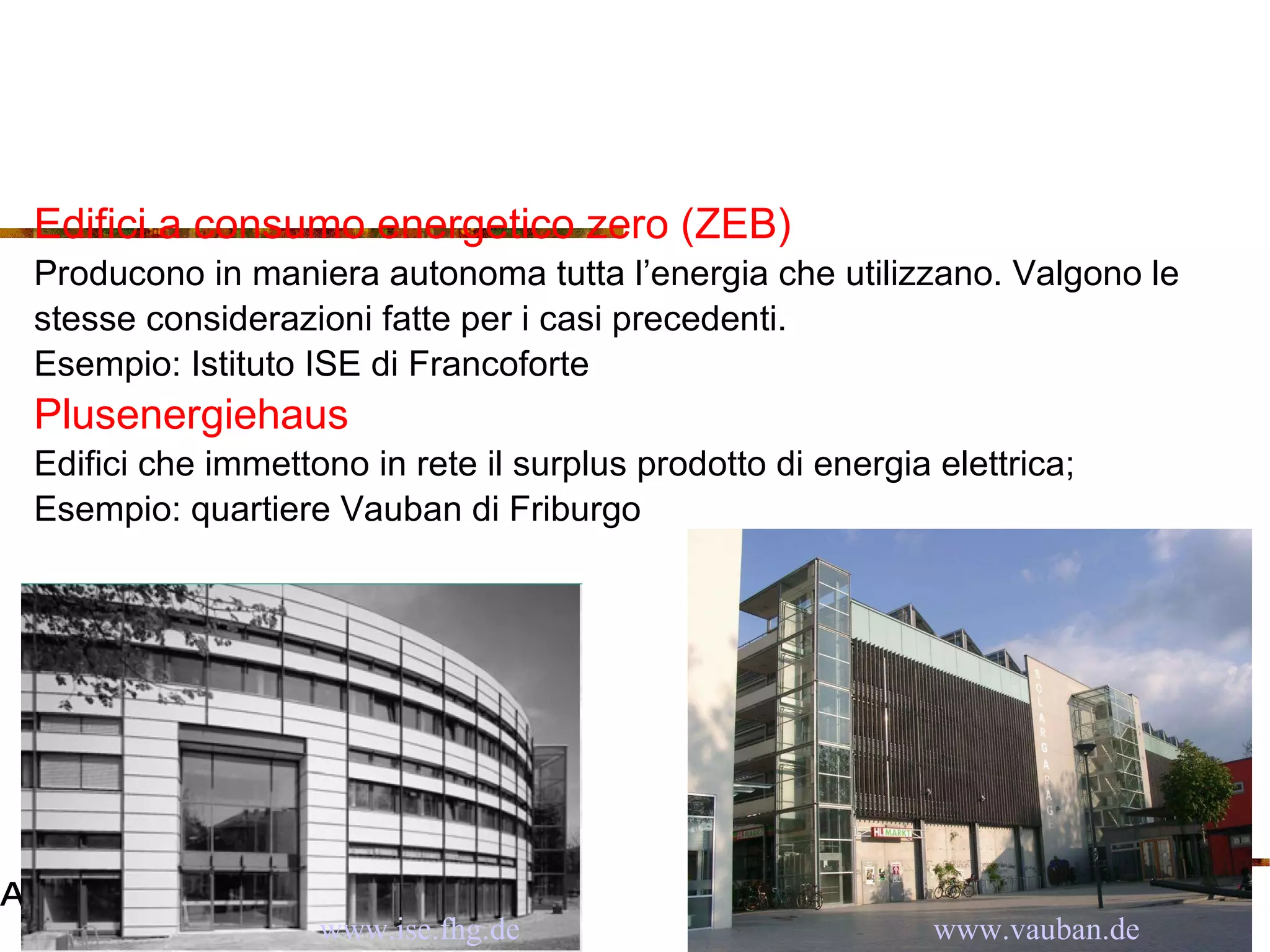 Edifici a consumo energetico zero (ZEB) Producono in maniera autonoma tutta l’energia che utilizzano. Valgono le  stesse considerazioni fatte per i casi precedenti. Esempio: Istituto ISE di Francoforte Plusenergiehaus Edifici che immettono in rete il surplus prodotto di energia elettrica;  Esempio: quartiere Vauban di Friburgo www. vauban .de www. ise . fhg .de 