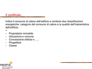 Il certificato Indica il consumo di calore dell’edificio e contiene due classificazioni energetiche: categoria del consumo di calore e la qualità dell’impiantistica dell’edificio. + Propriatario immobile Ubicazione e comune Concessione edilizia n. .... Progettista Classe Fonte: Provincia di Bolzano 