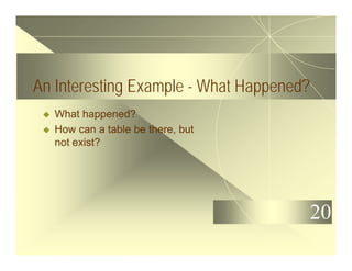 20
An Interesting Example - What Happened?
u What happened?
u How can a table be there, but
not exist?
 