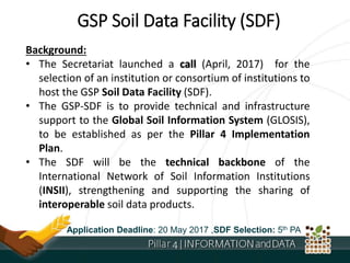 GSP Soil Data Facility (SDF)
Background:
• The Secretariat launched a call (April, 2017) for the
selection of an institution or consortium of institutions to
host the GSP Soil Data Facility (SDF).
• The GSP-SDF is to provide technical and infrastructure
support to the Global Soil Information System (GLOSIS),
to be established as per the Pillar 4 Implementation
Plan.
• The SDF will be the technical backbone of the
International Network of Soil Information Institutions
(INSII), strengthening and supporting the sharing of
interoperable soil data products.
Application Deadline: 20 May 2017 ,SDF Selection: 5th PA
 