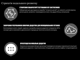 Стратегія подальшого розвитку
СТВОРЕННЯ ЛАБОРАТОРІЇ ТЕСТУВАННЯ IOT-ЗАСТОСУНКІВ
ЗАЛУЧЕННЯ РОЗРОБНИКІВ ХМАРНИХ ДОДАТКІВ ДЛЯ МУНІЦИПАЛЬНИХ УСТАНОВ
ОРІЄНТАЦІЯ НА МОБІЛЬНІ ДОДАТКИ
Лабораторія для дослідження виробів "Інтернету речей" на наявність шляхів відтоку
цінних даних, розвиток і впровадження яких стає дедалі більш актуальним
Безпосередня участь людей, задіяних в розробці хмарних додатків та відкритих API в
конкурсі дасть можливість удосконалити підходи до технічних аспектів конкурсу
Залучення можливостей для організації проведення конкурсу паралельної секції для
мобільних додатків з підготовленими стендами для аналізу трафіку та відлагодження
 