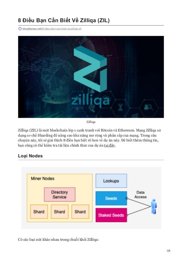 1/5
8 Điều Bạn Cần Biết Về Zilliqa (ZIL)
blogtienso.net/8-dieu-ban-can-biet-ve-zilliqa-zil
Zilliqa
Zilliqa (ZIL) là một blockchain lớp 1 cạnh tranh với Bitcoin và Ethereum. Mạng Zilliqa sử
dụng cơ chế Sharding để nâng cao khả năng mở rộng và phân cấp của mạng. Trong câu
chuyện này, tôi sẽ giải thích 8 điều bạn biết rõ hơn về dự án này. Để biết thêm thông tin,
bạn cũng có thể kiểm tra tài liệu chính thức của dự án tại đây.
Loại Nodes
Có các loại nút khác nhau trong chuỗi khối Zilliqa:
 