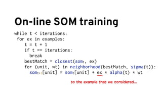 Batch SOM training
for t in (1 to iterations):
state = newState()
for ex in examples:
bestMatch = closest(somt-1, ex)
hood...