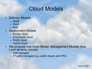 Cloud Models
• Delivery Models
– SaaS
– PaaS
– IaaS
• Deployment Models
– Private cloud
– Community cloud
– Public cloud
– Hybrid cloud
• We propose one more Model: Management Models (trus
t and tenancy issues)
– Self-managed
– 3rd party managed (e.g. public clouds and VPC)
Source: NIST
 