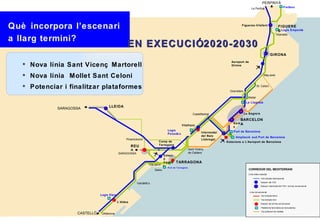 PERPINYÀ
                                                                                                                                               Le Perthús                          Portbou




Què incorpora l’escenari                                                                                                             Figueres-Vilafant                           FIGUERE
                                                                                                                                                                                 S Logis Empordà
                                                                                                                                                                            Vilamalla
a llarg termini?
                                                  EN EXECUCIÓ2020-2030
                                                                                                                                                                      GIRONA

    Nova línia Sant Vicenç Martorell
                                                                                                                              Aeroport de
                                                                                                                              Girona


    Nova línia Mollet Sant Celoni                                                                                                                            Maç anet



    Potenciar i finalitzar plataformes                                                                                                              St. Celoni
                                                                                                                             Granollers

                                                                                                                                            Mollet
                                                                                                                                           La Llagosta
                                     LLEIDA
             SARAGOSSA
                                                                                                        Castellbisbal                     La Sagrera

                                                                                                                                    BARCELON
                                                                                                                               Sant A
                                                                                            Vilafranc
                                                                                                                               s
                                                                                            a
                                                                               Logis                                           Port de Barcelona
                                                                               Penedè s                       Intermodal
                                                                                                              del Baix           Ampliació sud Port de Barcelona
                                                 Picamoixons                                                  Llobregat
                                                                        Camp de                                            Estacions a L’Aeroport de Barcelona
                                                      REU               Tarragona
                                                                                                     Sant Vicenç
                                                      S
                                            SARAGOSSA                                                de Calders
                                                                             Estaci
                                                                             ó
                                                                             Centra   TARRAGONA
                                                                 Vila-seca   l
                                                                               Port de T arra gona
                                                                     Salou                                                                   CORREDOR DEL MEDITERRANI
                                                                                                                                            Línia d’alta velocitat:

                                                                                                                                                           Via d’ample internacional
                                                                                                                                                           Estació del TGV
                                                        Vandellò s
                                                                                                                                                           Estació intermodal del TGV i la línia convencional

                                                                                                                                             Línia convencional:
                               Logis Ebre                                                                                                                  Via d’ample ibè ric
                                                                                                                                                           Via d’ample mixt
                                            L’Aldea
                                                                                                                                                           Estació de la línia convencional
                                                                                                                                                           Plataforma ferroviària de mercaderies
                                                                                                                                                           Via preferent de rodalies
                    CASTELLÓ    Ulldecona
 