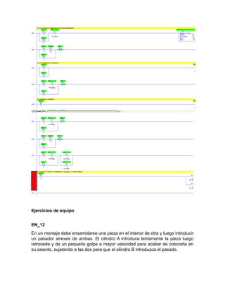 Ejercicios de equipo
EN_12
En un montaje debe ensamblarse una pieza en el interior de otra y luego introducir
un pasador atreves de ambas. El cilindro A introduce lentamente la pieza luego
retrocede y da un pequeño golpe a mayor velocidad para acabar de colocarla en
su asiento, sujetando a las dos para que el cilindro B introduzca el pasado.
 