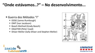  Guerra dos Métodos “I”
 OOSE (James Rumbaugh)
 OMT (Ivar Jacobson)
 Booch Method (Grady Booch)
 OAA/FDD (Peter Coad)
 Shlaer-Mellor (Sally Shlaer and Stephen Mellor)
“Onde estávamos..?” – No desenvolvimento...
 