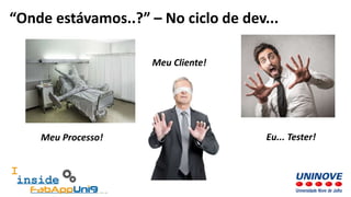 “Onde estávamos..?” – No ciclo de dev...
Meu Processo!
Meu Cliente!
Eu... Tester!
 