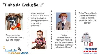 “Linha da Evolução...”
Testes Manuais.:
“Software não sabe o
que está errado”
Testes
Automatizados.:
“Software repete o
que foi feito uma vez
e consegue identificar
alguns problemas”
Testes Manuais.:
“Software com níveis
de log detalhados
conseguem informar
onde está o
problema”
Testes “Aprendidos”.:
“Software aprende
sobre si mesmo,
detecta e erros e os
corrige”
 