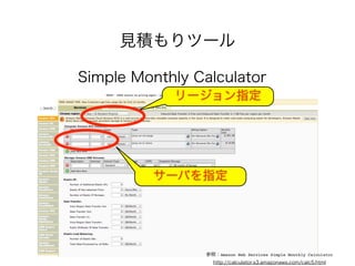 見積もりツール
Simple Monthly Calculator
リージョン指定
サーバを指定
参照：Amazon Web Services Simple Monthly Calculator
http://calculator.s3.amazonaws.com/calc5.html
 