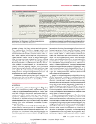 Copyright 2014 American Medical Association. All rights reserved.
strategies and assess their effects on important health outcomes.
There may be evidence that different strategies result in more
rapid attainment of BP goal or in improved adherence, but those
are intermediate outcomes that were not included in the evi-
dence review. Therefore, each strategy is an acceptable pharma-
cologic treatment strategy that can be tailored based on indi-
vidual circumstances, clinician and patient preferences, and drug
tolerability. With each strategy, clinicians should regularly assess
BP, encourage evidence-based lifestyle and adherence interven-
tions, and adjust treatment until goal BP is attained and main-
tained. In most cases, adjusting treatment means intensifying
therapy by increasing the drug dose or by adding additional drugs
to the regimen. To avoid unnecessary complexity in this report,
the hypertension management algorithm (Figure) does not
explicitly define all potential drug treatment strategies.
Finally,panelmemberspointoutthatinspecificsituations,one
antihypertensive drug may be replaced with another if it is per-
ceived not to be effective or if there are adverse effects.
Limitations
This evidence-based guideline for the management of high BP in
adults is not a comprehensive guideline and is limited in scope be-
causeofthefocusedevidencereviewtoaddressthe3specificques-
tions (Table 1). Clinicians often provide care for patients with nu-
merous comorbidities or other important issues related to
hypertension, but the decision was made to focus on 3 questions
considered to be relevant to most physicians and patients. Treat-
ment adherence and medication costs were thought to be beyond
the scope of this review, but the panel acknowledges the impor-
tance of both issues.
Theevidencereviewdidnotincludeobservationalstudies,sys-
tematic reviews, or meta-analyses, and the panel did not conduct
itsownmeta-analysisbasedonprespecifiedinclusioncriteria.Thus,
information from these types of studies was not incorporated into
the evidence statements or recommendations. Although this may
be considered a limitation, the panel decided to focus only on RCTs
because they represent the best scientific evidence and because
therewereasubstantialnumberofstudiesthatincludedlargenum-
bers of patients and met our inclusion criteria. Randomized con-
trolled trials that included participants with normal BP were ex-
cluded from our formal analysis. In cases in which high-quality
evidencewasnotavailableortheevidencewasweakorabsent,the
panelreliedonfair-qualityevidence,panelmembers’knowledgeof
thepublishedliteraturebeyondtheRCTsreviewed,andpersonalex-
perience to make recommendations. The duration of the guideline
developmentprocessfollowingcompletionofthesystematicsearch
may have caused the panel to miss studies published after our lit-
erature review. However, a bridge search was performed through
August 2013, and the panel found no additional studies that would
have changed the recommendations.
Many of the reviewed studies were conducted when the over-
all risk of cardiovascular morbidity and mortality was substantially
higher than it is today; therefore, effect sizes may have been over-
estimated. Further, RCTs that enrolled prehypertensive or nonhy-
pertensiveindividualswereexcluded.Thus,ourrecommendations
do not apply to those without hypertension. In many studies fo-
cused on DBP, participants also had elevated SBP so it was not pos-
sibletodeterminewhetherthebenefitobservedinthosetrialsarose
from lowering DBP, SBP, or both. In addition, the ability to compare
studiesfromdifferenttimeperiodswaslimitedbydifferencesinclini-
cal trial design and analytic techniques.
While physicians use cost, adherence, and often observational
data to make treatment decisions, medical interventions should
wheneverpossiblebebasedfirstandforemostongoodsciencedem-
onstratingbenefitstopatients.Randomizedcontrolledtrialsarethe
gold standard for this assessment and thus were the basis for pro-
vidingtheevidenceforourclinicalrecommendations.Althoughad-
verse effects and harms of antihypertensive treatment docu-
mented in the RCTs were considered when the panel made its
decisions, the review was not designed to determine whether
therapy-associated adverse effects and harms resulted in signifi-
cant changes in important health outcomes. In addition, this guide-
Table 5. Strategies to Dose Antihypertensive Drugsa
Strategy Description Details
A Start one drug, titrate to maximum
dose, and then add a second drug
If goal BP is not achieved with the initial drug, titrate the dose of the initial drug up to the maximum
recommended dose to achieve goal BP
If goal BP is not achieved with the use of one drug despite titration to the maximum recommended
dose, add a second drug from the list (thiazide-type diuretic, CCB, ACEI, or ARB) and titrate up to the
maximum recommended dose of the second drug to achieve goal BP
If goal BP is not achieved with 2 drugs, select a third drug from the list (thiazide-type diuretic, CCB,
ACEI, or ARB), avoiding the combined use of ACEI and ARB. Titrate the third drug up to the maximum
recommended dose to achieve goal BP
B Start one drug and then add a second
drug before achieving maximum dose
of the initial drug
Start with one drug then add a second drug before achieving the maximum recommended dose of the
initial drug, then titrate both drugs up to the maximum recommended doses of both to achieve goal BP
If goal BP is not achieved with 2 drugs, select a third drug from the list (thiazide-type diuretic, CCB,
ACEI, or ARB), avoiding the combined use of ACEI and ARB. Titrate the third drug up to the maximum
recommended dose to achieve goal BP
C Begin with 2 drugs at the same time,
either as 2 separate pills or as a single
pill combination
Initiate therapy with 2 drugs simultaneously, either as 2 separate drugs or as a single pill combination.
Some committee members recommend starting therapy with ≥2 drugs when SBP is >160 mm Hg
and/or DBP is >100 mm Hg, or if SBP is >20 mm Hg above goal and/or DBP is >10 mm Hg above goal. If
goal BP is not achieved with 2 drugs, select a third drug from the list (thiazide-type diuretic, CCB,
ACEI, or ARB), avoiding the combined use of ACEI and ARB. Titrate the third drug up to the maximum
recommended dose.
Abbreviations: ACEI, angiotensin-converting enzyme; ARB, angiotensin
receptor blocker; BP, blood pressure; CCB, calcium channel blocker; DBP,
diastolic blood pressure; SBP, systolic blood pressure.
a
Thistableisnotmeanttoexcludeotheragentswithintheclassesofantihyperten-
sivemedicationsthathavebeenrecommendedbutreflectsthoseagentsanddos-
ingusedinrandomizedcontrolledtrialsthatdemonstratedimprovedoutcomes.
2014 Guideline for Management of High Blood Pressure Special Communication Clinical Review & Education
jama.com JAMA February 5, 2014 Volume 311, Number 5 517
Copyright 2014 American Medical Association. All rights reserved.
Downloaded From: http://jama.jamanetwork.com/ on 04/04/2014
 