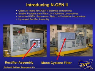 Clean Air Intake for NGEN II electrical components Smaller Footprint then Plate L N-ViroMotive Locomotives Inclusive NGEN I features on Plate L N-ViroMotive Locomotives Up scaled Rectifier Assembly Introducing N-GEN II Mono Cyclone Filter  Rectifier Assembly National Railway Equipment Co. 