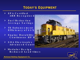 EPA Certified  ARB Recognized Fuel Reduction   Average Savings of 50%+ TE Enhancement   Efficiency of 65%+ Engine Durability Continuous HP Rating SOA Electronics Advanced Control Tech.  Modular Design Reduced Lead-times National Railway Equipment Co. T ODAY’S  E QUIPMENT 
