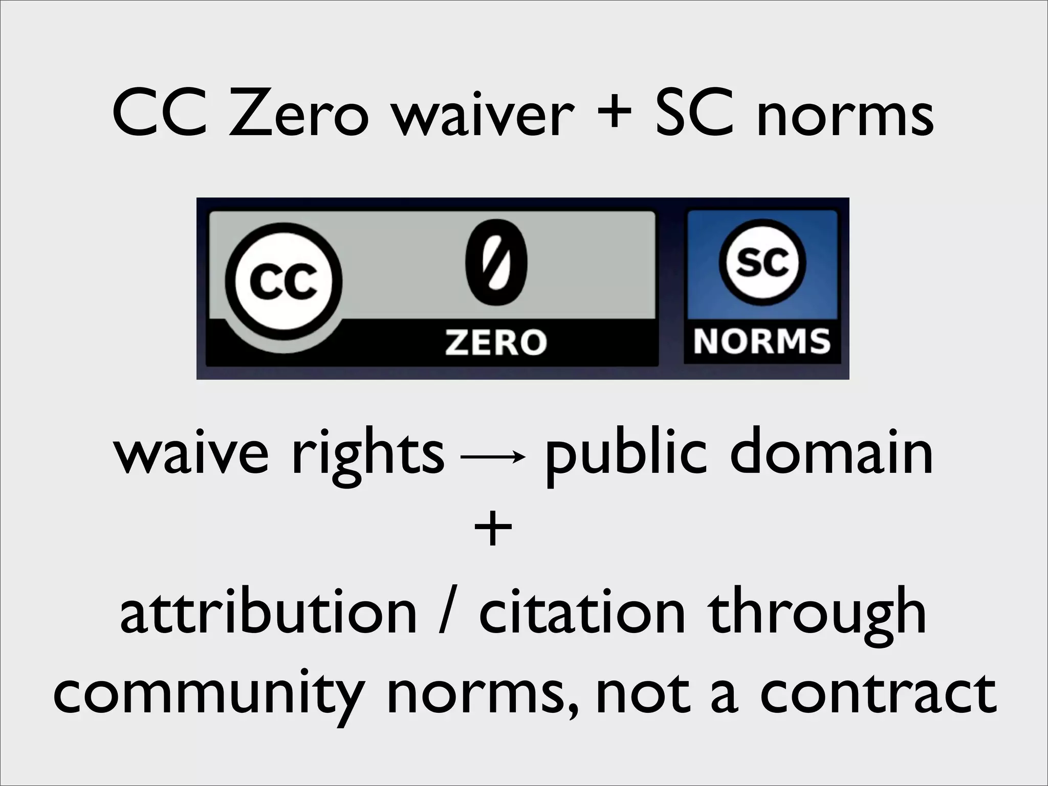 CC Zero waiver + SC norms



  waive rights   public domain

  attribution / citation through
community norms, not a contract
 