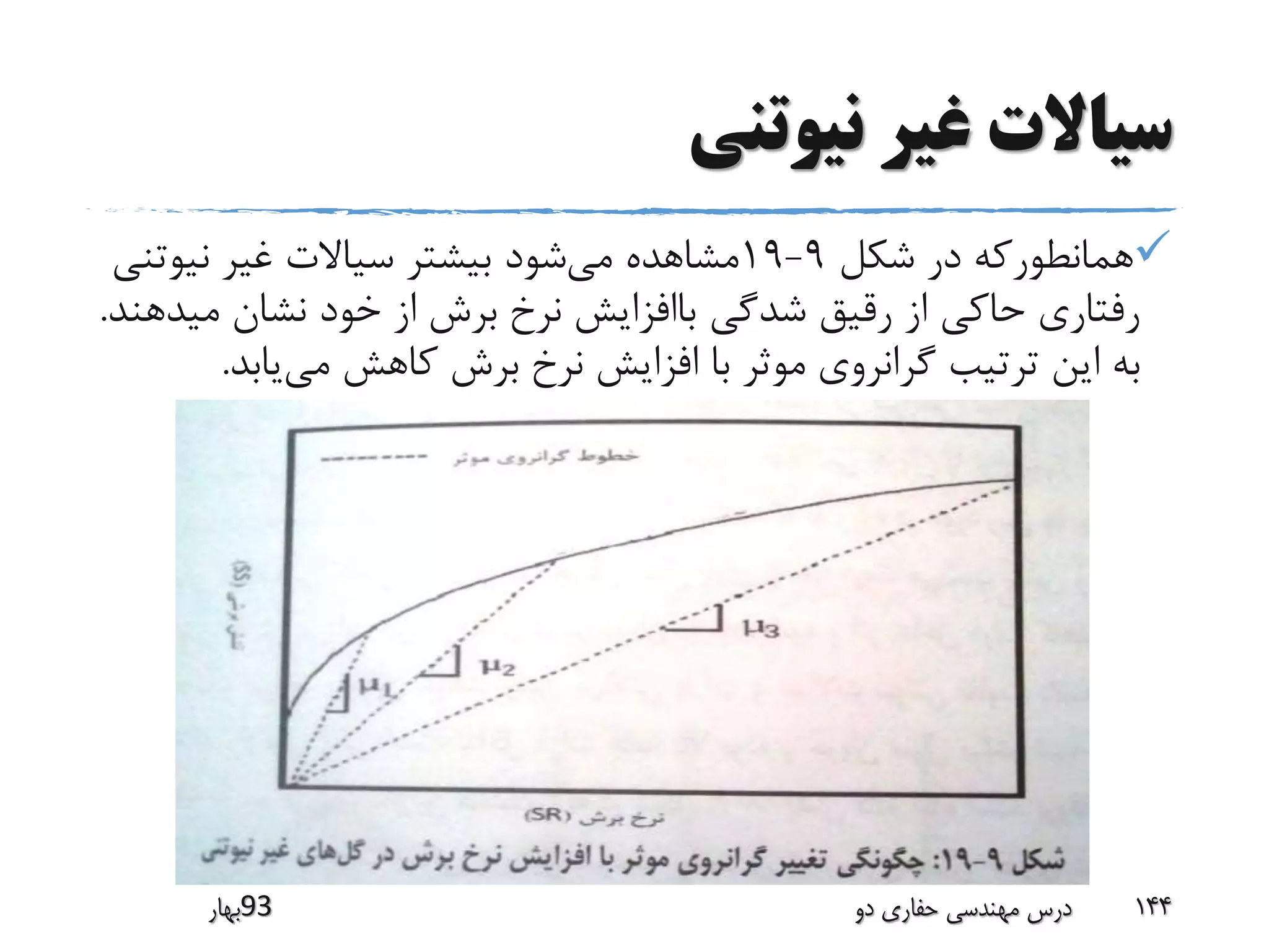 ‫نیوتنی‬ ‫غیر‬ ‫سیاالت‬
‫شکل‬ ‫در‬ ‫همانطورکه‬9-19‫می‬ ‫مشاهده‬‫نیوت‬ ‫غیر‬ ‫سیاالت‬ ‫بیشتر‬ ‫شود‬‫نی‬
‫م‬ ‫نشان‬ ‫خود‬ ‫از‬ ‫برش‬ ‫نرخ‬ ‫باافزایش‬ ‫شدگی‬ ‫رقیق‬ ‫از‬ ‫حاکی‬ ‫رفتاری‬‫یدهند‬.
‫می‬ ‫کاهش‬ ‫برش‬ ‫نرخ‬ ‫افزایش‬ ‫با‬ ‫موثر‬ ‫گرانروی‬ ‫ترتیب‬ ‫این‬ ‫به‬‫یاب‬‫د‬.
‫39بهار‬ ‫دو‬ ‫حفاری‬ ‫مهندسی‬ ‫درس‬ 144
 