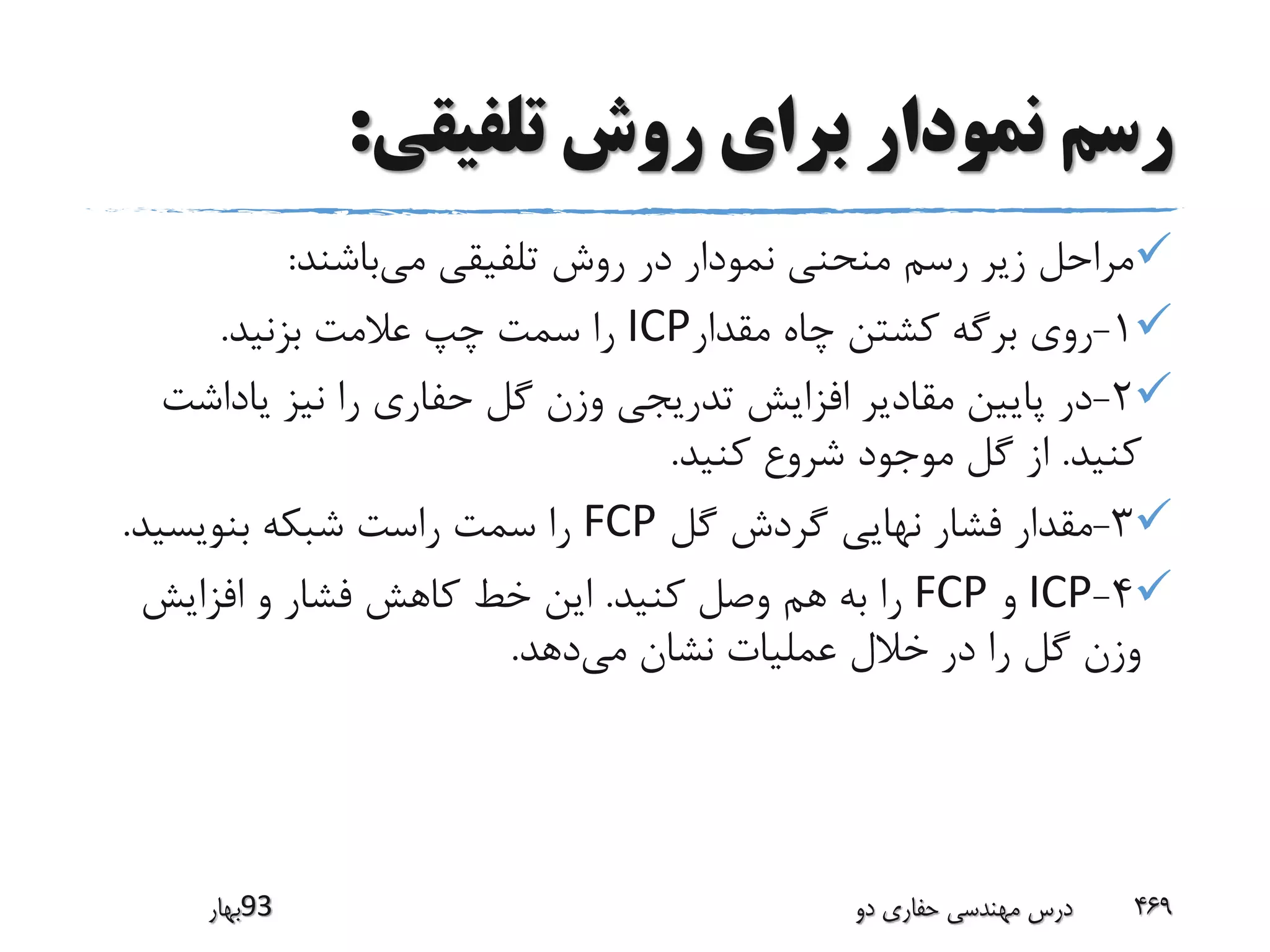 ‫تلفیقی‬ ‫روش‬ ‫برای‬ ‫نمودار‬ ‫رسم‬:
‫می‬ ‫تلفیقی‬ ‫روش‬ ‫در‬ ‫نمودار‬ ‫منحنی‬ ‫رسم‬ ‫زیر‬ ‫مراحل‬‫باشند‬:
1-‫مقدار‬ ‫چاه‬ ‫کشتن‬ ‫برگه‬ ‫روی‬ICP‫بزنید‬ ‫عالمت‬ ‫چپ‬ ‫سمت‬ ‫را‬.
2-‫یاداش‬ ‫نیز‬ ‫را‬ ‫حفاری‬ ‫گل‬ ‫وزن‬ ‫تدریجی‬ ‫افزایش‬ ‫مقادیر‬ ‫پایین‬ ‫در‬‫ت‬
‫کنید‬.‫کنید‬ ‫شروع‬ ‫موجود‬ ‫گل‬ ‫از‬.
3-‫گل‬ ‫گردش‬ ‫نهایی‬ ‫فشار‬ ‫مقدار‬FCP‫بنویسید‬ ‫شبکه‬ ‫راست‬ ‫سمت‬ ‫را‬.
4-ICP‫و‬FCP‫کنید‬ ‫وصل‬ ‫هم‬ ‫به‬ ‫را‬.‫افزایش‬ ‫و‬ ‫فشار‬ ‫کاهش‬ ‫خط‬ ‫این‬
‫می‬ ‫نشان‬ ‫عملیات‬ ‫خالل‬ ‫در‬ ‫را‬ ‫گل‬ ‫وزن‬‫دهد‬.
‫39بهار‬ ‫دو‬ ‫حفاری‬ ‫مهندسی‬ ‫درس‬ 469
 