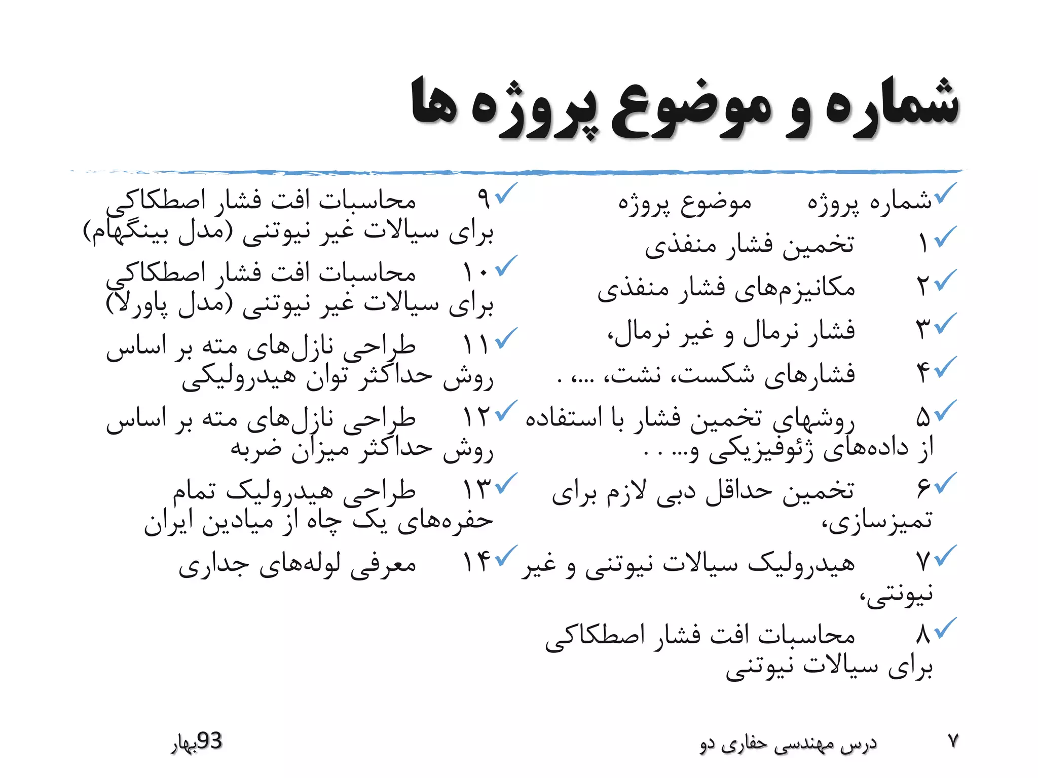 ‫ها‬ ‫پروژه‬ ‫موضوع‬ ‫و‬ ‫شماره‬
‫پروژه‬ ‫شماره‬‫پروژه‬ ‫موضوع‬
1‫منفذی‬ ‫فشار‬ ‫تخمین‬
2‫مکانیزم‬‫منفذی‬ ‫فشار‬ ‫های‬
3،‫نرمال‬ ‫غیر‬ ‫و‬ ‫نرمال‬ ‫فشار‬
4،‫نشت‬ ،‫شکست‬ ‫فشارهای‬...،.
5‫استف‬ ‫با‬ ‫فشار‬ ‫تخمین‬ ‫روشهای‬‫اده‬
‫داده‬ ‫از‬‫و‬ ‫ژئوفیزیکی‬ ‫های‬. . ...
6‫برای‬ ‫الزم‬ ‫دبی‬ ‫حداقل‬ ‫تخمین‬
،‫تمیزسازی‬
7‫و‬ ‫نیوتنی‬ ‫سیاالت‬ ‫هیدرولیک‬‫غیر‬
،‫نیونتی‬
8‫اصطکاکی‬ ‫فشار‬ ‫افت‬ ‫محاسبات‬
‫نیوتنی‬ ‫سیاالت‬ ‫برای‬
9‫اصطکاکی‬ ‫فشار‬ ‫افت‬ ‫محاسبات‬
‫نیوتنی‬ ‫غیر‬ ‫سیاالت‬ ‫برای‬(‫بی‬ ‫مدل‬‫نگهام‬)
10‫اصطکاکی‬ ‫فشار‬ ‫افت‬ ‫محاسبات‬
‫نیوتنی‬ ‫غیر‬ ‫سیاالت‬ ‫برای‬(‫پاو‬ ‫مدل‬‫رال‬)
11‫نازل‬ ‫طراحی‬‫اساس‬ ‫بر‬ ‫مته‬ ‫های‬
‫هیدرولیکی‬ ‫توان‬ ‫حداکثر‬ ‫روش‬
12‫نازل‬ ‫طراحی‬‫اساس‬ ‫بر‬ ‫مته‬ ‫های‬
‫ضربه‬ ‫میزان‬ ‫حداکثر‬ ‫روش‬
13‫تمام‬ ‫هیدرولیک‬ ‫طراحی‬
‫حفره‬‫ایران‬ ‫میادین‬ ‫از‬ ‫چاه‬ ‫یک‬ ‫های‬
14‫لوله‬ ‫معرفی‬‫جداری‬ ‫های‬
‫39بهار‬ ‫دو‬ ‫حفاری‬ ‫مهندسی‬ ‫درس‬ 7
 