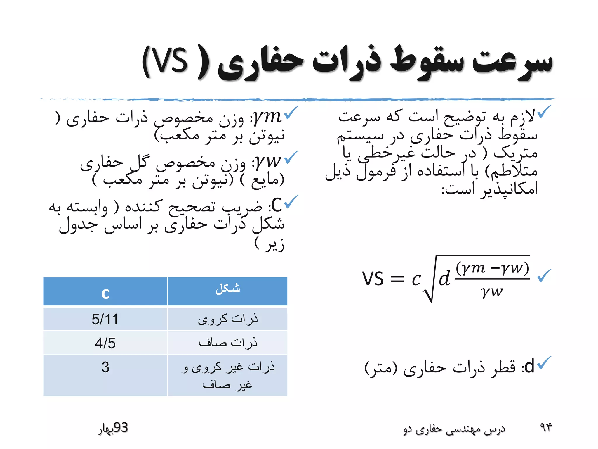 ‫حفاری‬ ‫ذرات‬ ‫سقوط‬ ‫سرعت‬((VS
‫سرعت‬ ‫که‬ ‫است‬ ‫توضیح‬ ‫به‬ ‫الزم‬
‫سیستم‬ ‫در‬ ‫حفاری‬ ‫ذرات‬ ‫سقوط‬
‫متریک‬(‫حالت‬ ‫در‬‫غیرخطی‬‫یا‬
‫متالطم‬)‫ذیل‬ ‫فرمول‬ ‫از‬ ‫استفاده‬ ‫با‬
‫امکانپذیر‬‫است‬:
= 𝑐 𝑑
(𝛾𝑚 −𝛾𝑤)
𝛾𝑤
VS
d:‫قطر‬‫حفاری‬ ‫ذرات‬(‫متر‬)
𝛾𝑚:‫وزن‬‫ذرات‬ ‫مخصوص‬‫حفاری‬(
‫متر‬ ‫بر‬ ‫نیوتن‬‫مکعب‬)
𝛾𝑤:‫وزن‬‫حفاری‬ ‫گل‬ ‫مخصوص‬
(‫مایع‬)(‫نیوتن‬‫مکعب‬ ‫متر‬ ‫بر‬)
C:‫ضریب‬‫تصحیح‬‫کننده‬(‫وابس‬‫به‬ ‫ته‬
‫جدول‬ ‫اساس‬ ‫بر‬ ‫حفاری‬ ‫ذرات‬ ‫شکل‬
‫زیر‬)
‫39بهار‬ ‫دو‬ ‫حفاری‬ ‫مهندسی‬ ‫درس‬ 94
‫شکل‬c
‫کروی‬ ‫ذرات‬5/11
‫صاف‬ ‫ذرات‬4/5
‫و‬ ‫کروی‬ ‫غیر‬ ‫ذرات‬
‫صاف‬ ‫غیر‬
3
 