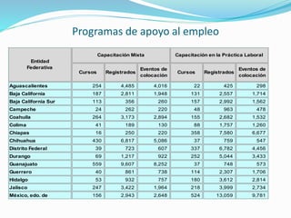 Programas de apoyo al empleo
Aguascalientes 254 4,485 4,016 22 425 298
Baja California 187 2,811 1,948 131 2,557 1,714
Baja California Sur 113 356 260 157 2,992 1,562
Campeche 24 262 220 48 963 478
Coahuila 264 3,173 2,894 155 2,682 1,532
Colima 41 189 130 88 1,757 1,260
Chiapas 16 250 220 358 7,580 6,677
Chihuahua 430 6,817 5,086 37 759 547
Distrito Federal 39 723 607 337 6,782 4,456
Durango 69 1,217 922 252 5,044 3,433
Guanajuato 559 9,607 8,252 37 748 573
Guerrero 40 861 738 114 2,307 1,706
Hidalgo 53 932 757 180 3,612 2,814
Jalisco 247 3,422 1,964 218 3,999 2,734
México, edo. de 156 2,943 2,648 524 13,059 9,781
Capacitación en la Práctica Laboral
Cursos
Eventos de
colocación
Entidad
Federativa
Capacitación Mixta
RegistradosCursosRegistrados
Eventos de
colocación
 