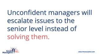 This creates a culture of
avoidance.
People stop taking
responsibility for their work.
GREATMANAGERS.COM
 