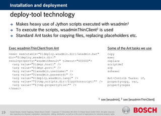 Daniel Glueck, Daniel Togelang, Robert Bosch GmbH - Corporate IT | November 5th 2015 | © Robert Bosch GmbH 2015. All rights reserved,
also regarding any disposal, exploitation, reproduction, editing, distribution, as well as in the event of applications for industrial property rights.
Installation and deployment
deploy-tool technology
 Makes heavy use of Jython scripts executed with wsadmin1
 To execute the scripts, wsadminThinClient2 is used
 Standard Ant tasks for copying files, replacing placeholders etc.
<exec executable="${deploy.wsadmin.dir}/wsadmin.bat"
dir="${deploy.wsadmin.dir}"
resultproperty="wsadminResult" timeout="600000">
<arg value="${dmgr.host}" />
<arg value="${dmgr.port}" />
<arg value="${wsadmin.username}" />
<arg value="${wsadmin.password}" />
<arg value="${deploy.wsadmin.lang}" />
<arg value='"${tmp.scripts.dir}/${pythonscript}"' />
<arg value='"${tmp.propertyfile}"' />
</exec>
Exec wsadminThinClient from Ant Some of the Ant tasks we use
1 see [wsadmin], 2 see [wsadminThinClient]
copy
exec
replace
scriptdef
scp
sshexec
Ant-Contrib Tasks: if,
propertycopy, var,
propertyregex
19
 