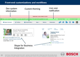 Daniel Glueck, Daniel Togelang, Robert Bosch GmbH - Corporate IT | November 5th 2015 | © Robert Bosch GmbH 2015. All rights reserved,
also regarding any disposal, exploitation, reproduction, editing, distribution, as well as in the event of applications for industrial property rights.
Front-end customizations and workflows
Dev system
information
Live user
notification
Custom theming
Skype for Business
Integration
22
 