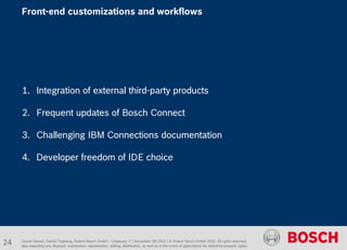 1. Integration of external third-party products
2. Frequent updates of Bosch Connect
3. Challenging IBM Connections documentation
4. Developer freedom of IDE choice
Daniel Glueck, Daniel Togelang, Robert Bosch GmbH - Corporate IT | November 5th 2015 | © Robert Bosch GmbH 2015. All rights reserved,
also regarding any disposal, exploitation, reproduction, editing, distribution, as well as in the event of applications for industrial property rights.
Front-end customizations and workflows
24
 